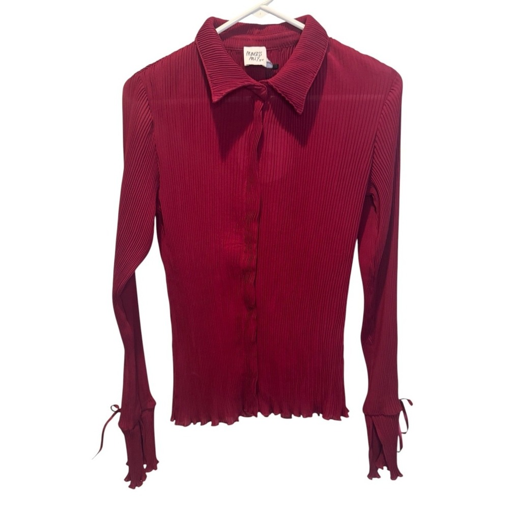 Princess Polly Womens Burgundy Wine Ravil Button Down Flared Cuff Top 2 NEW Chic